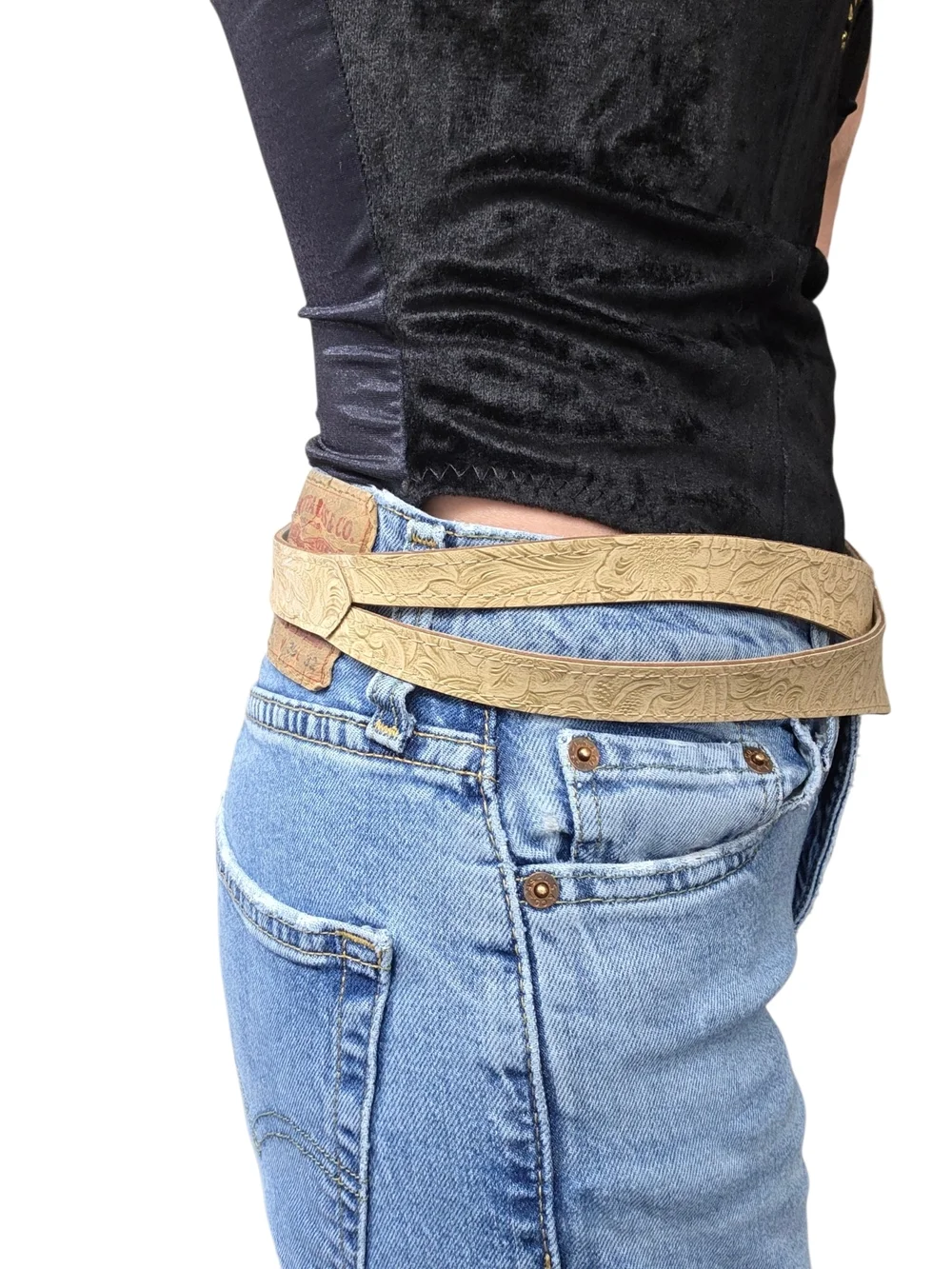 Vintage 80s Tan Embossed Wide Waist Belt Western Statement